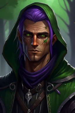 Portrait of 35 year old male rogue elf, thief assassin, purple hair, bright green eyes, brown skin, black hood, black leather armor, messy, disheveled, trees, sneaky