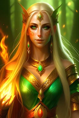 female eladrin fire druid . long light hair made from fire. Tanned skin. Eyes are Light green