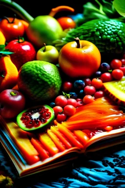 Libro alimentos, frutas y verduras, primer plano, colores vibrantes