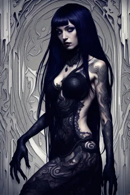 a crepy stunning mystic woman with dark purple-black long hair and black tattoos on her body, a cold, indifferent expression, silver and black onyx jewelry, black lace dress, crepy stunning anthropomorphic female, theral human, ancient deity, by Vincent Lefevre and Yoshitaka Amano, stunning 3d woman , dark fantasy style, thriller