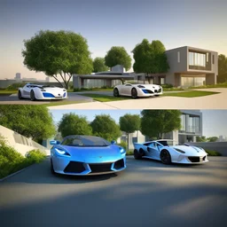 Modern apartment on the outskirts of a metropolitan city, with 2 supercars in the garage, with a beautiful background of the city, there are several trees next to it, it has a very strong impression, 3d rendering