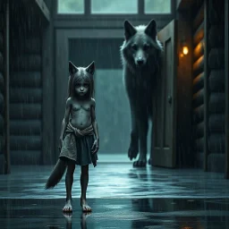 a short, thin sad young anthropomorphic wolf female just in hairbody in little with cloth around the waist stands in front of the camera in rain, a larger anthropomorphic wolf stands behind the door in a wooden house, dark colors, sharp focus, rainy day, high contrast, high detail, atmospheric, dark fantasy, sci-fi