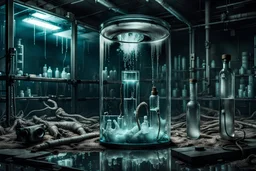 abandoned lab, a large glass tube filled with water and an experimental ghoul, post-apocalyptic style, night