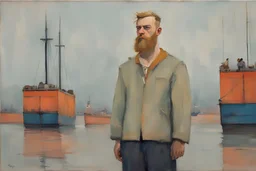 Euan Uglow-Ludwig Bemelmans oil painting, Otherworldly, young beautiful full body viking tribe beard blonde flowerw-tattoos gym hairy raw cyberpunk sailorman works on board of cargo china container large ship, at the camera at half height, pastel color puffy and wool textures fashion, walks in Esher dark town, stormy day rainy, By Serjei Parajanov movie still