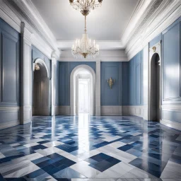 luxury hall ,tiled blue and gray large floor,