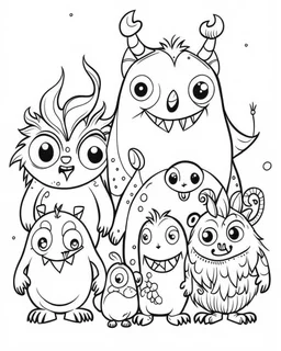 adorable creepy mosters, line art, background, vector, svg, black outline on white background, leave plenty of white space beetween lines for coloring,full body, minimalist