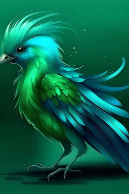 fantasy green bird with blue feathers and a silver beak
