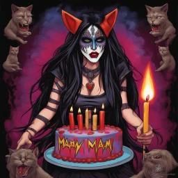 metalhead woman long dark hair in KISS face paint and heavy metal tour T-shirt carrying gothic chocolate birthday cake, text "MAM", candles, by Wes Benscoter and Greg Rutkowski, digital art, colorful, quirky, KISS cat makeup