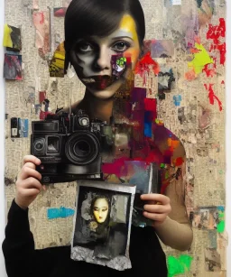 happy beautiful girl holding big proffesional camera in studio. street art, oil on canvas, spray paint, collage, letters, newspapeers, Dave McKean, Vladimir Fedotko, Saturno Butto, Vaughn Bodé, Frank Wu, James C. Christensen, collage, dirty, paint dripping, radiant