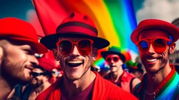 many men wearing red hats enjoy the pride parade