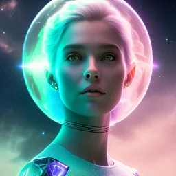 A portrait of a transparent crystalline girl,smiling, longs blond hairs, green eyes, galactic dress, atmospheric, realistic, cinematic lighting, octane render, purple and blue sky, nebula, stars, planets in background, spaceship in background