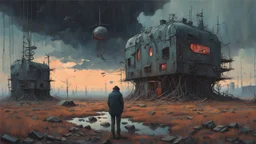 Strange surreal world, techno gothic bar, cyberpunk renaissance, Science fiction painting, Denis Sarazhin Simon Stålenhag, Nicolas Bruno, sinister vibes, harsh survivalism, Peter Sallesen, Hamish Frater, ominous sky