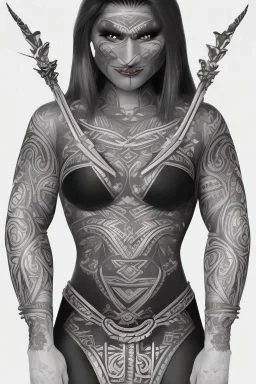  Portrait female Maori Chief iron maiden Maori tribal tattoos, bow with arrows, full detail, 4k, style of Cosmopolitan