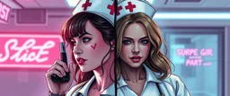 cyberpunk fallout 4, airbrush and pen outline, A cinematic, high-end advertisement image for a fictional service called “Spice Girl Nurse Surprise Party™”. Split-screen composition with two contrasting emotional states.