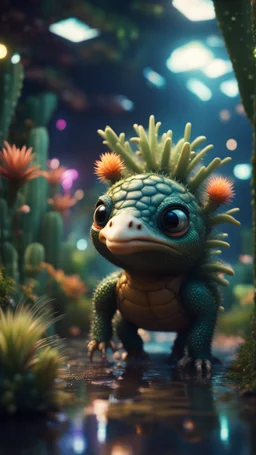 Space ostrich turtle cactus dragon with friendly cute face and hair locks in dark lit reflective wet jungle metallic hall dome hotel tunnel, in the style of a game,bokeh like f/0.8, tilt-shift lens 8k, high detail, smooth render, down-light, unreal engine, prize winning