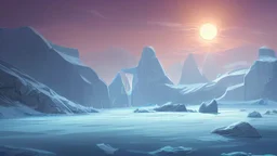 cartoon illustration: nature with icebergs and frozen sea, sun in the sky