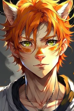 A young adult male human, cat ears, orange messy hair anime realistic tiger stripes