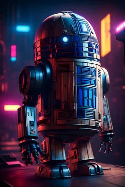 cyberpunk r2d2 in rembrandt lighting, dark shadows, bright highlights, cell-shading style, blade runner style