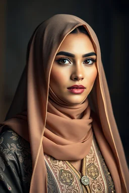 Cinematic photorealistic portrait of a beautiful Arabian Muslim woman in luxurious modern Islamic attire combining traditional embroidery with contemporary cuts, elegant chiffon hijab, dramatic Rembrandt-style lighting, sharp facial detail, realistic skin texture, and subtle artistic background blur, blending the grace of classical portraiture with modern fashion photography