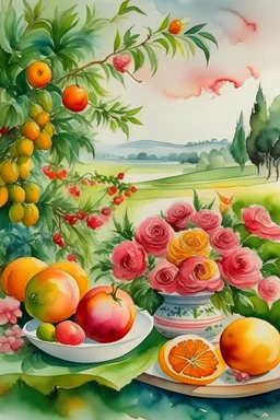 watercolor ,still life with rozes and fruits,, maTny colors, detailed, colorize, white background a hills, surrounded by green cypress trees and blooming fields.