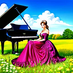 fullbody girl makeup wearing a victorian dress sitting to a grand piano in country side ,flowers ,pretty clouds in blue sky