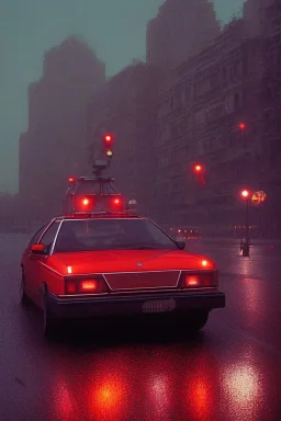 A 1990s car standing in front of a red traffic light, empty street, Cairo, 1990s, night time, rain, winter, movie scene Nick Harris style