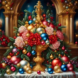 An opulent and extravagant display of baroque flowers entwined with sparkling and festive Christmas ornaments. This breathtaking image, perhaps a meticulously crafted and vividly colorful painting, captivates the eye with its vibrant combination of intricate floral arrangements and ornate holiday decorations. Each exquisite bloom is adorned with dazzling baubles and shimmering lights, forming a harmonious fusion of baroque elegance and Yuletide charm. The impeccable attention to detail and exqui