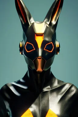 Medium Close Up Portrait, Front image. cyberpunk, rabbit mask, british woman, titanium hair. Latex suit army. Orange, black, color. Rocketer style. Color background, photo studio. Avatar image, highly detailed, concept art, smooth, unreal engine 5, ray tracing, RTX, lumen lighting, ultra detail, volumetric lighting, 3d, finely drawn, high definition, high resolution.