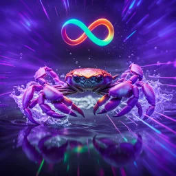 infinity symbol ∞ with vibrant powerful crab jumping out of the water, striking, neon, chiaroscuro, dramatic, captivating, powerful, fantasy, beautiful, octane render, 16k post-production, artstation: award-winning: atmospheric: commanding: fantastical: clarity: ultra quality: striking: brilliance: stunning colors: amazing depth; lens: f/11, 35mm