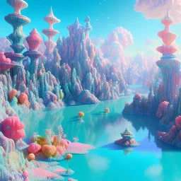 turquoise and pink landscape with multicolored crystals falling from the sky, blue lake, cascades, full of details, smooth, bright sunshine，soft light atmosphere, light effect，vaporwave colorful, concept art, smooth, extremely sharp detail, finely tuned detail, ultra high definition, 8 k, unreal engine 5, ultra sharp focus