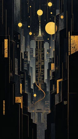 Big city , many levels ,minimalism,Abstract black and gold minimalism geometric surreal beautiful fashion portrait,splash art explosion,minimalist surreal surrounding background,surreal lonely depth,deep soul spirit,fantasy surreal geometry,flat,utopia,album art,cover art,album cover,cinematic,8k,epic movie still,sharp focus,by Gustav Klimt,pascal blanche,rutkowski,repin,artstation hyperrealism painting concept art of detailed character,design matte painting,leaf