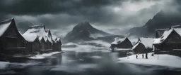 Photoreal menacing movie poster of a medieval polar village with a demonic and dark ice lake and darker clouds gathering, forgotten realms fantasy style by lee jeffries, otherworldly creature, in the style of fantasy movies, photorealistic, shot on Hasselblad h6d-400c, zeiss prime lens, bokeh like f/0.8, tilt-shift lens 8k, high detail, smooth render, unreal engine 5, cinema 4d, HDR, dust effect, vivid colors