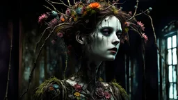A gritty horror game rendering of a creepy posable art mannequin made of twigs and shimmering fungi with articulated joints, art style of Silent Hill, decaying, liminal spaces, crazy hair, eerie, flirty, painted mosaic porcelain, wet, glossy, flickering eyes, colorful flower, morbid, macabre, 16k resolution, high quality, sharp focus, intricate details, highly detailed, chaotic, dynamic lighting, backlit, photorealism, canon lens, full figure shot, deep color, peach, cyan, ghost-white hour.