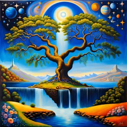 .With determination (Picasso And And Salvador Dali And Francisco Goya And daVinci.And Claude Monet)Fantasy, perfect anatomy, fantasy, a vibrant, award-winning professional masterpiece, highly detailed atmospheric oil on canvas Josephine's wall art.The curlew tree is a metaphor for future worlds and cities. And waterfalls. The sky is decorated with stars and planets. And rose trees with strange fruits. And Lake Zumurrud