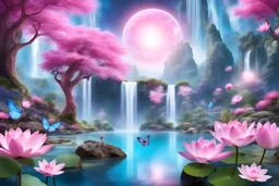 wanderful fairy and cosmic panorama with blue sky, pink trees, blue lake, waterfall, lotus flowers, butterfly, spaceships