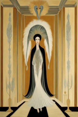 a woman with feathers in an Art Deco foyer by artist "Erté",by artist "Leonora Carrington"