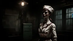 A gritty horror game scene of a creepy posable art mannequin nurse with articulated joints, the art style of Silent Hill, decaying, claustrophobic, liminal spaces, eerie, flirty, painted antique porcelain, wet, glossy, viscera, dark fine arts, morbid fine arts, macabre fine arts, 8k resolution, high quality, sharp focus, intricate details, highly detailed, chaotic, dynamic lighting, backlit, photorealism, canon lens, full figure shot, deep color, black, white and crimson hour