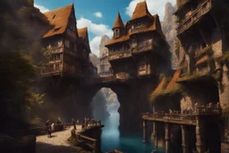 medieval buildings with balconies overhanging lake edge with blue sky and people, photorealism detailed matte painting, deep colour, fantastical, intricate detail, splash screen, concept art