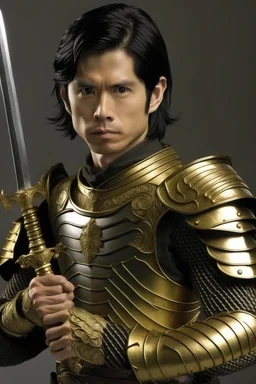 A handsome 30 year old man, black hair, male bob haircut, in black-and-gold plate armor, golden katana in both hands, no beard