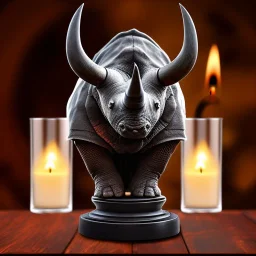 bust of rhino, ancient, magic,on dark wooden table with drinking glass,compass,brilliance, candle, mead horn