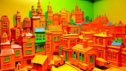 An orange colored town made out of toys painted by Andy Warhol