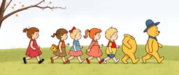 illustrated children walking in a line, in the style of original whinnie-the-pooh