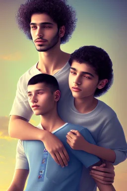 one 50 year old man embraces a beautiful 12 year old arabic boy with long, curly hair and light blue eyes, not muscular, smiling,