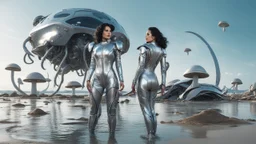 woman with dark hair in a silver robotic catsuit, standing on a futuristic alien beach with a crashed spaceship in the water, with mushrooms with octopus tentacles flying in the air