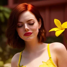 Emma Stone red underwear with yellow flowers for hair, closed eyes, rtx, reflection, 8k, glow, winning photography, caustics