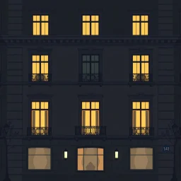 Animated representation of the mysterious facade of a European building. The scene begins before dawn with minimal lighting. The view is flat and frontal. Only 5 windows are illuminated. mysterious atmosphere, dark and muted colors. In the style of the Wes Anderson film The Grand Hotel in Budapest. Wes Anderson illustration style and colors poster