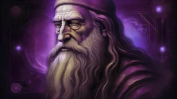 A painting of Da Vinci about artificial intelligence with light dark and purple colours full of serenity