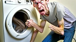 very skinny and lanky young man angry and can't move damaged washer and dryer