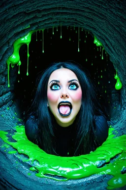 Closeup huge Girl goth with big eyes, fullbody, ragged clothes, slime rain, the perspective looking up from the bottom of an empty well, rolling eyes, tongue out, saliva drip, open mouth,