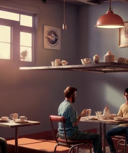 Realistic scene, American shot view, 0 gravity, levitating man and woman sitting in cafeteria and having breakfast, Wes Anderson, fly, floating, soft color, highly detailed, unreal engine 5, ray tracing, RTX, lumen lighting, ultra detail, volumetric lighting, 3d, finely drawn, high definition, high resolution.